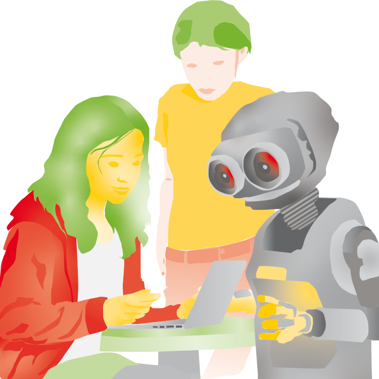 Kinder mit Roboter vorm Laptop