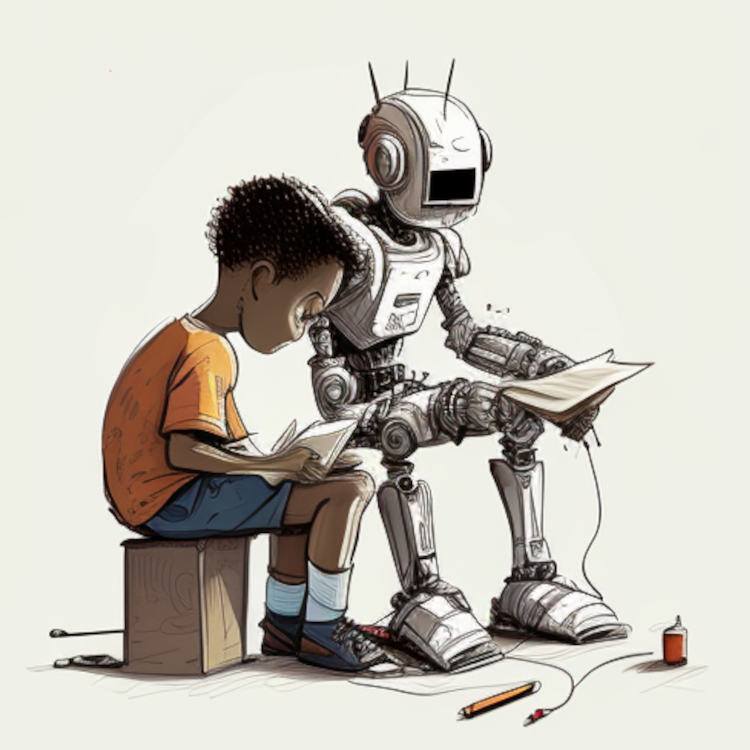 Ein Roboter sitzt neben einem Kind